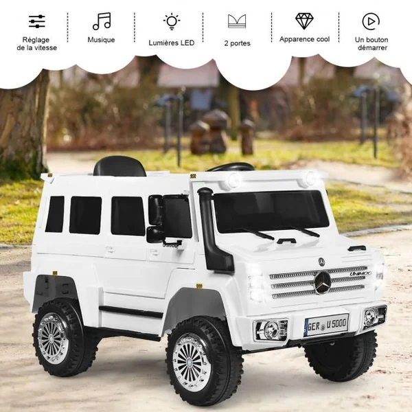 Voiture Electrique pour Enfants avec Télécommande 2,4G 3 Vitesses Lumières LED MP3 Klaxon Blanc