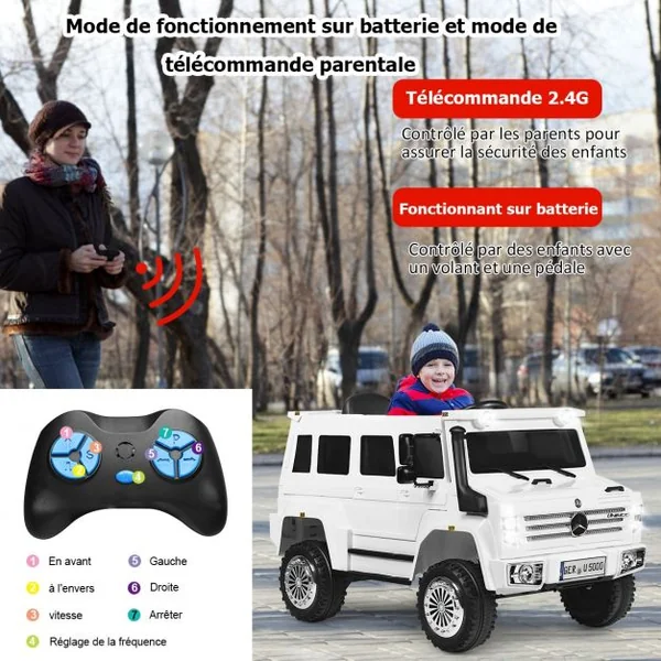 Voiture Electrique pour Enfants avec Télécommande 2,4G 3 Vitesses Lumières LED MP3 Klaxon Blanc
