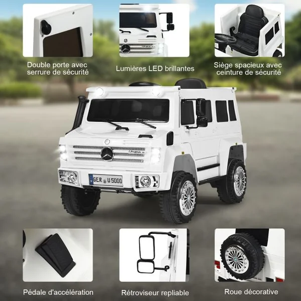 Voiture Electrique pour Enfants avec Télécommande 2,4G 3 Vitesses Lumières LED MP3 Klaxon Blanc
