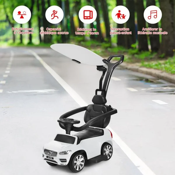 Voiture à Pousser pour Enfant avec Pare-soleil Barre de Sécurité Repose-pied Blanc