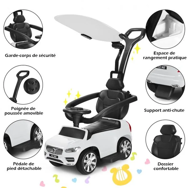 Voiture à Pousser pour Enfant avec Pare-soleil Barre de Sécurité Repose-pied Blanc