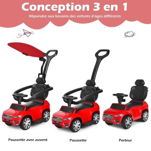 Voiture à Pousser pour Enfant avec Pare-soleil Barre de Sécurité Repose-pied Rouge