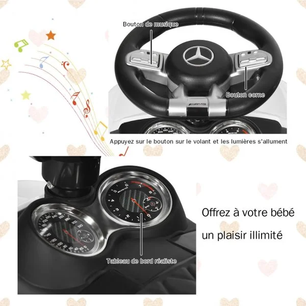 Voiture à Pousser pour Enfants de 18 à 36 Mois Porteur avec Klaxon Musique Phare LED Blanc