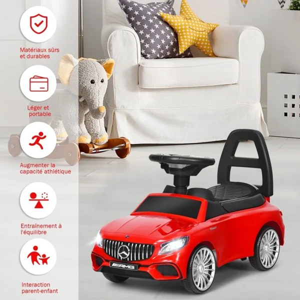 Voiture à Pousser pour Enfants de 18 à 36 Mois Porteur avec Klaxon Musique Phare LED Rouge