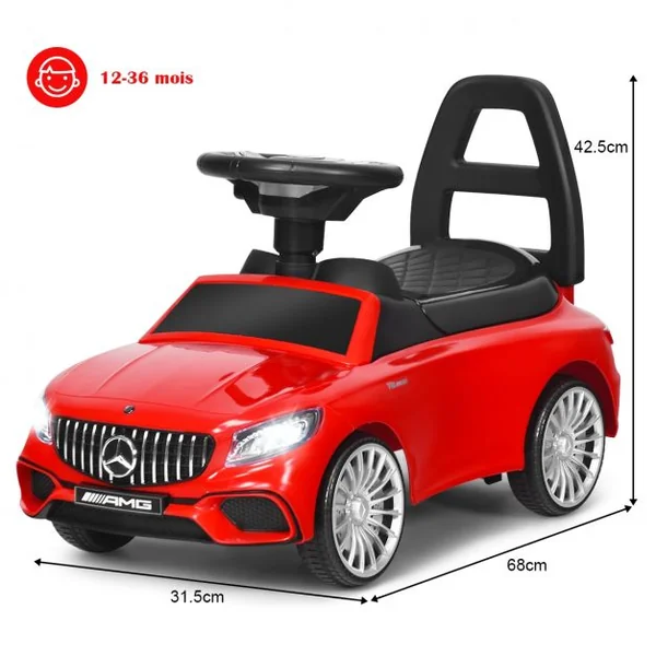 Voiture à Pousser pour Enfants de 18 à 36 Mois Porteur avec Klaxon Musique Phare LED Rouge