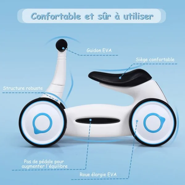 Vélo Trotteur pour Enfant de 12 à 36 mois sans Pédales Guidon Réglable Capacité 20 kg en PP+PVA 59x29x40cm Blanc