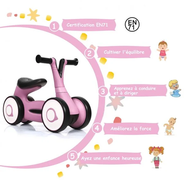 Vélo Trotteur pour Enfant de 12 à 36 mois sans Pédales Guidon Réglable Capacité 20 kg en PP+PVA 59x29x40cm Rose