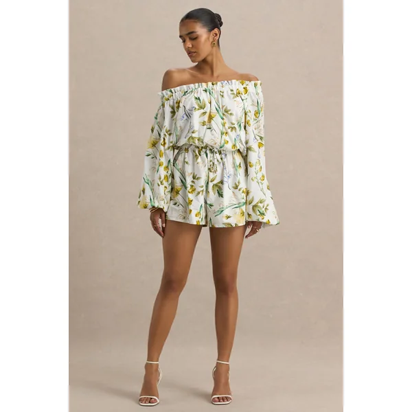Waterfall | Combishort asymétrique à imprimé floral citron avec manche longue
