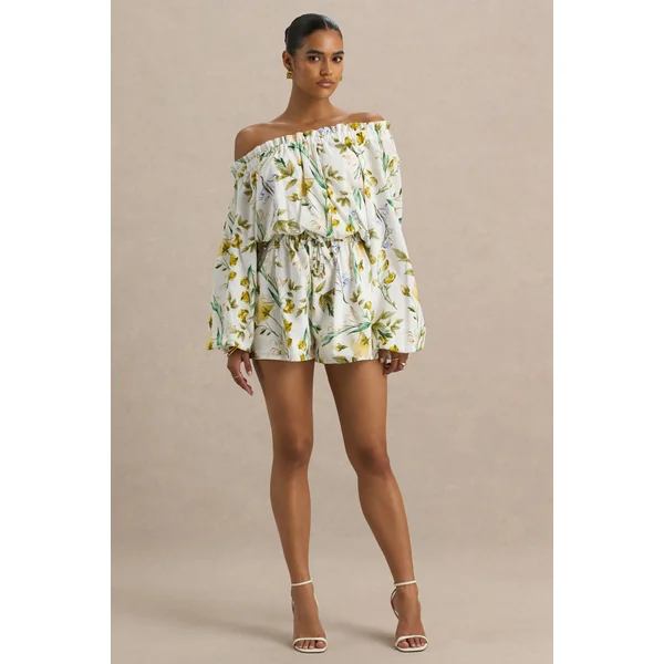 Waterfall | Combishort asymétrique à imprimé floral citron avec manche longue