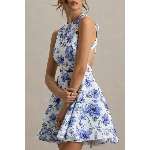Waverly | Mini-robe à imprimé bleu à encolure arrondie sans manches