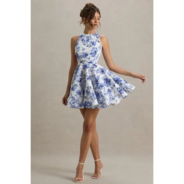 Waverly | Mini-robe à imprimé bleu à encolure arrondie sans manches
