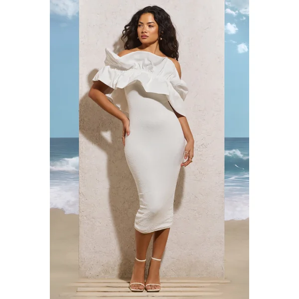 When In Rome | Robe mi-longue froncée asymétrique blanche