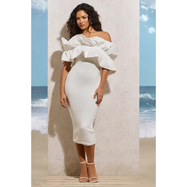When In Rome | Robe mi-longue froncée asymétrique blanche