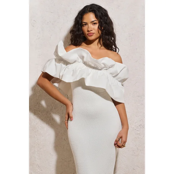 When In Rome | Robe mi-longue froncée asymétrique blanche