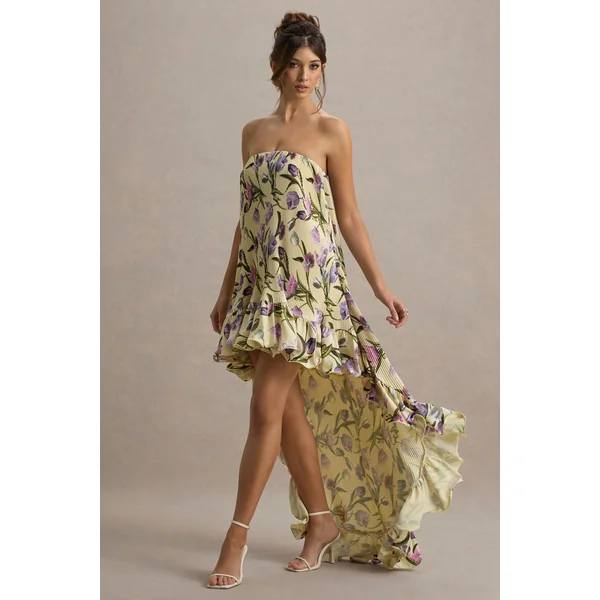 Whistler | Robe longue chiffon floral tulipe décolleté bandeau et froncée