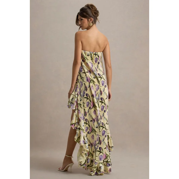 Whistler | Robe longue chiffon floral tulipe décolleté bandeau et froncée