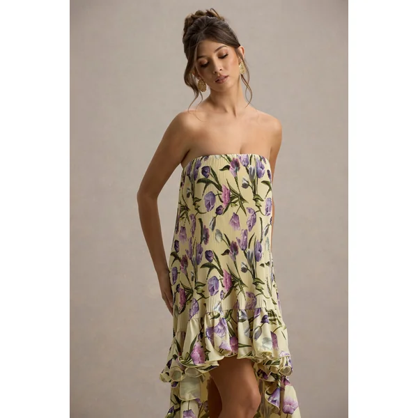 Whistler | Robe longue chiffon floral tulipe décolleté bandeau et froncée