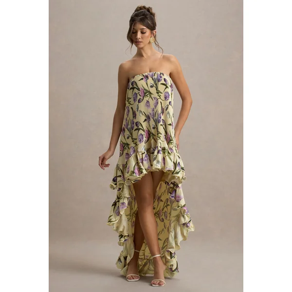 Whistler | Robe longue chiffon floral tulipe décolleté bandeau et froncée