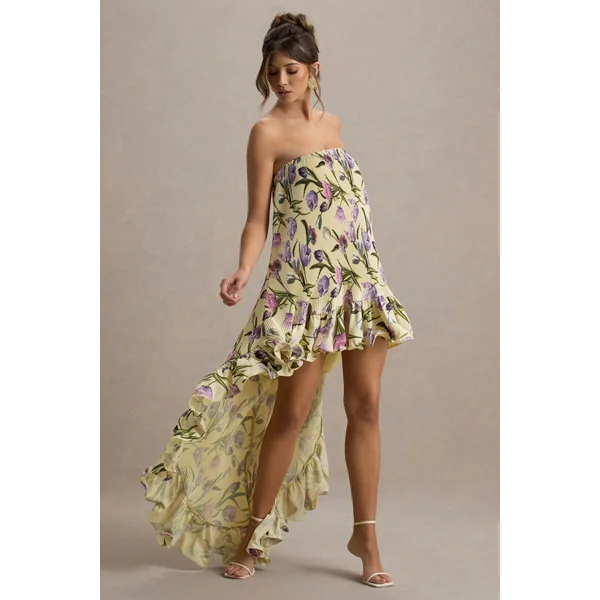 Whistler | Robe longue chiffon floral tulipe décolleté bandeau et froncée