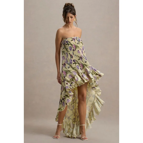 Whistler | Robe longue chiffon floral tulipe décolleté bandeau et froncée