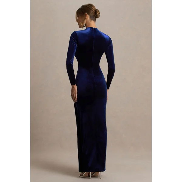 Wishes | Robe longue en velours bleu marine à col haut avec jupe portefeuille