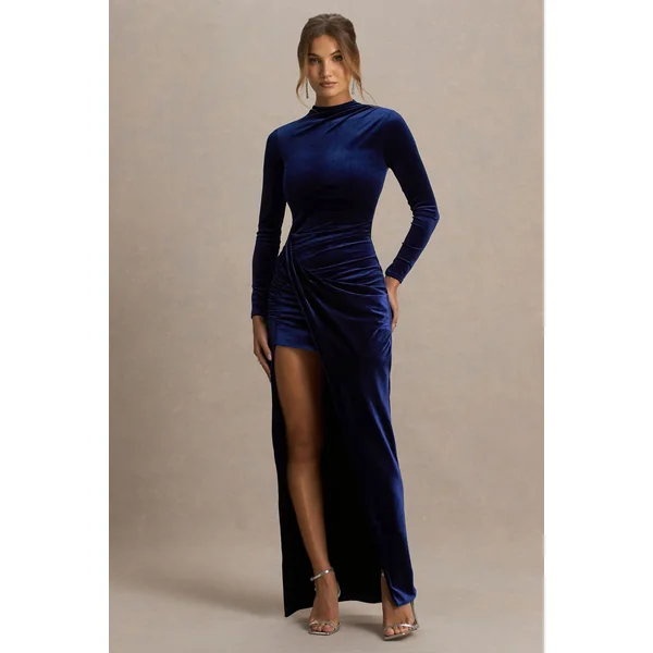 Wishes | Robe longue en velours bleu marine à col haut avec jupe portefeuille