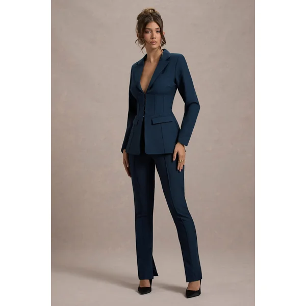 Wonder Woman | Pantalon droit taille haute bleu marine avec ourlet fendu