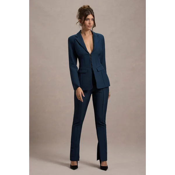 Wonder Woman | Pantalon droit taille haute bleu marine avec ourlet fendu