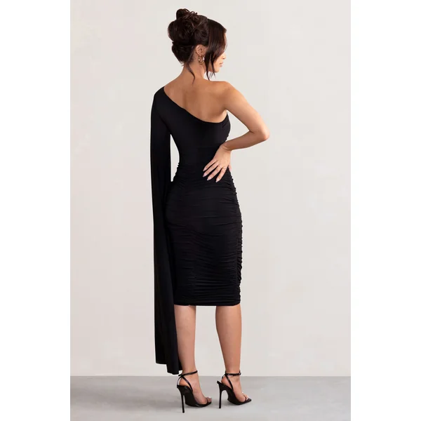 Yara | Robe mi-longue noire asymétrique froncée à cape
