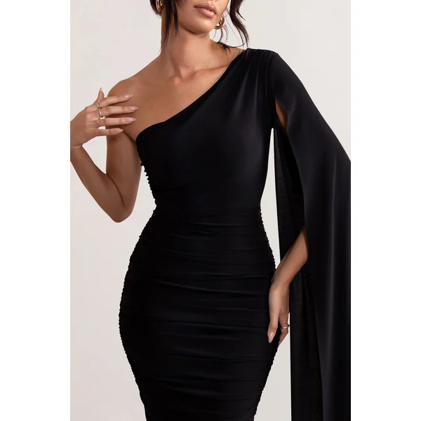 Yara | Robe mi-longue noire asymétrique froncée à cape