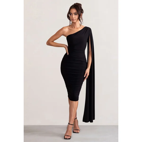 Yara | Robe mi-longue noire asymétrique froncée à cape