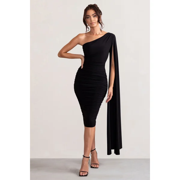 Yara | Robe mi-longue noire asymétrique froncée à cape