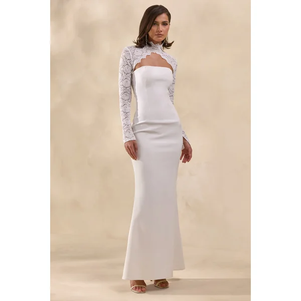 Yarrow | Robe longue blanche en dentelle à encolure haute avec dos ouvert