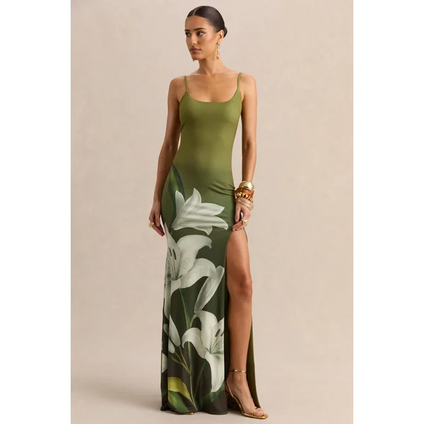 Yasmine | Robe longue à encolure carrée et fente haute sur le devant à imprimé lys olive