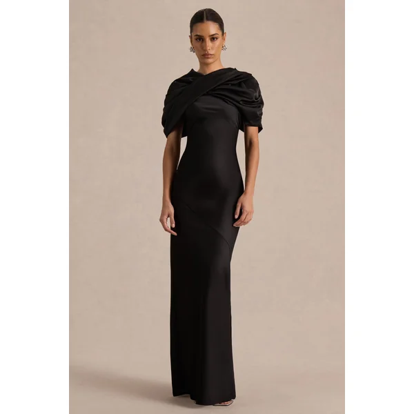 Yoli | Robe longue en satin noir avec cape torsadée amovible