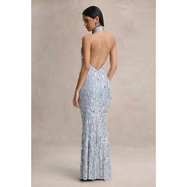 Zaira | Robe longue en sequins argentée à col montant et dos nu
