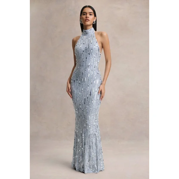 Zaira | Robe longue en sequins argentée à col montant et dos nu
