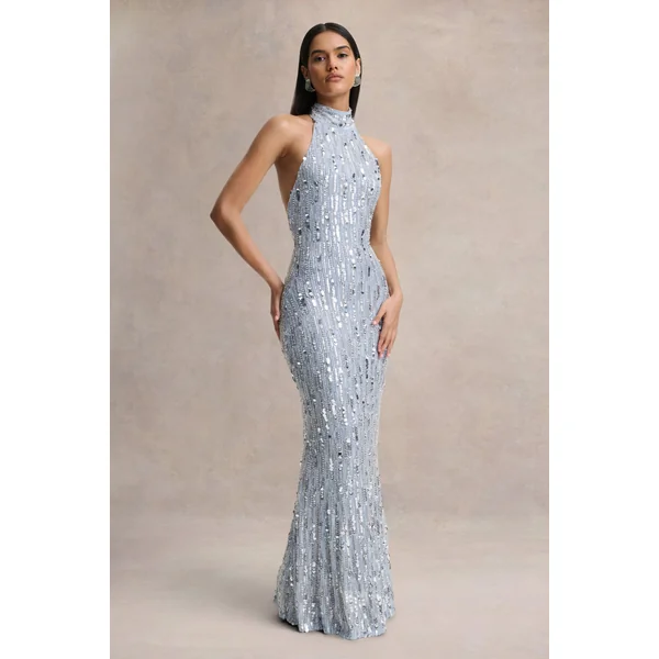 Zaira | Robe longue en sequins argentée à col montant et dos nu