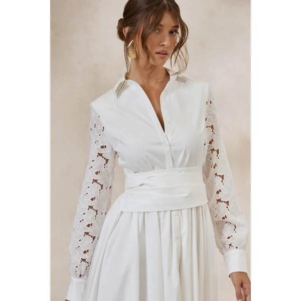 Zalynne | Robe mi-longue blanche à col chemise