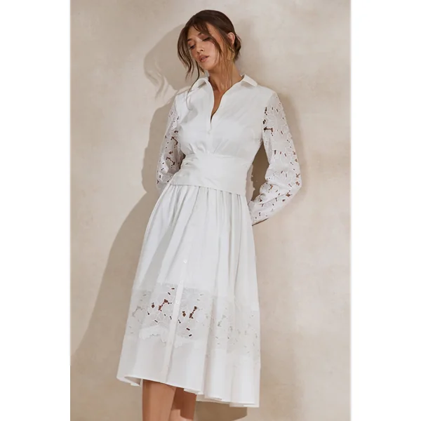 Zalynne | Robe mi-longue blanche à col chemise