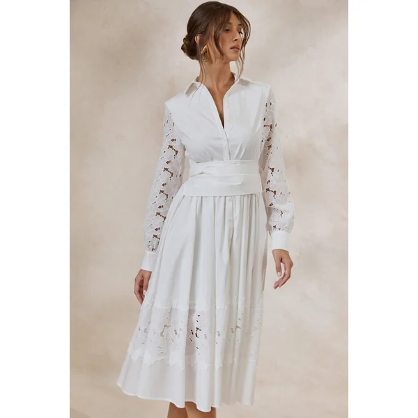 Zalynne | Robe mi-longue blanche à col chemise