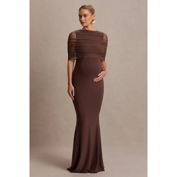 Zaria | Robe longue de maternité marron à encolure ras-du-cou avec cape superposée