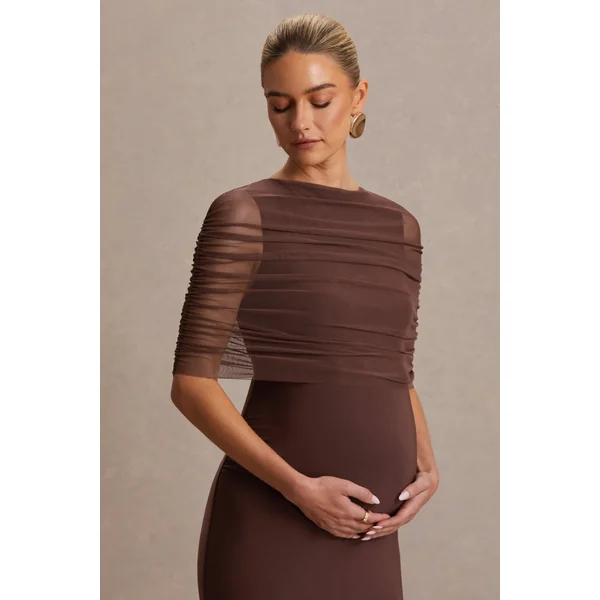 Zaria | Robe longue de maternité marron à encolure ras-du-cou avec cape superposée
