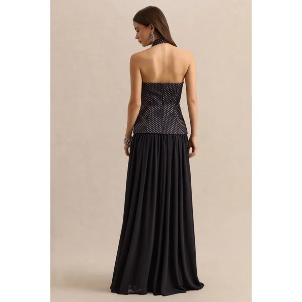 Zarina | Robe longue à décolleté plongeant noire et blanche à pois