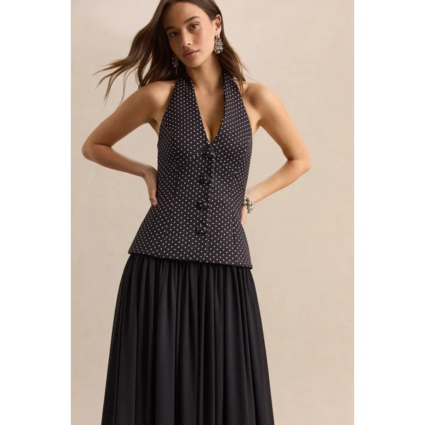 Zarina | Robe longue à décolleté plongeant noire et blanche à pois
