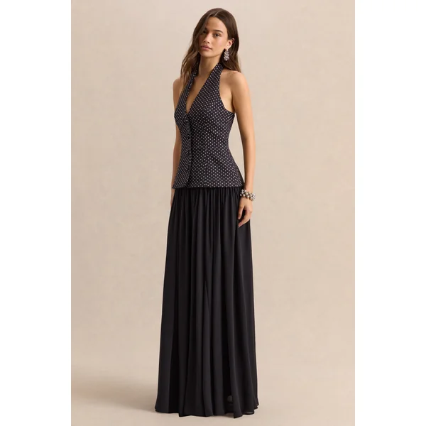 Zarina | Robe longue à décolleté plongeant noire et blanche à pois