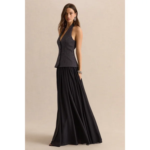 Zarina | Robe longue à décolleté plongeant noire et blanche à pois
