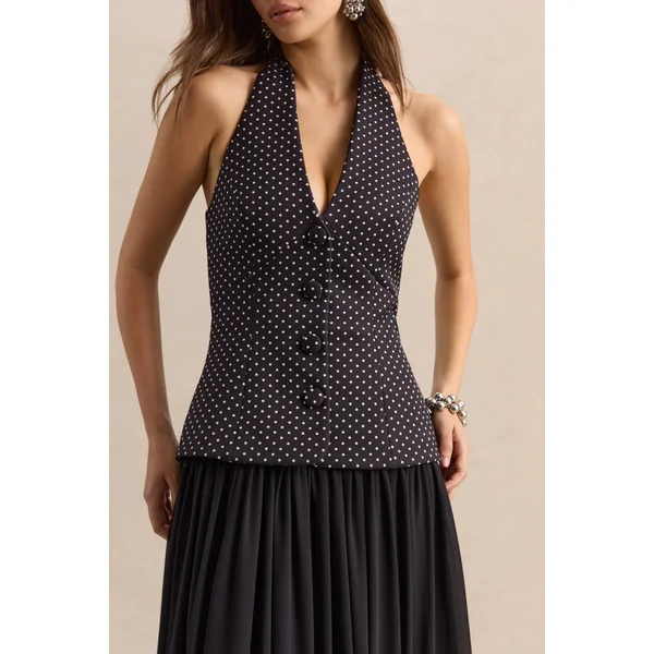 Zarina | Robe longue à décolleté plongeant noire et blanche à pois