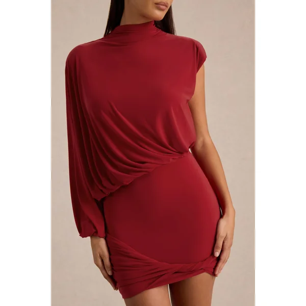 Zelda | Mini-robe rouge à col montant avec une manche longue et détail torsadé