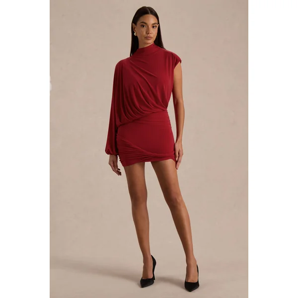 Zelda | Mini-robe rouge à col montant avec une manche longue et détail torsadé